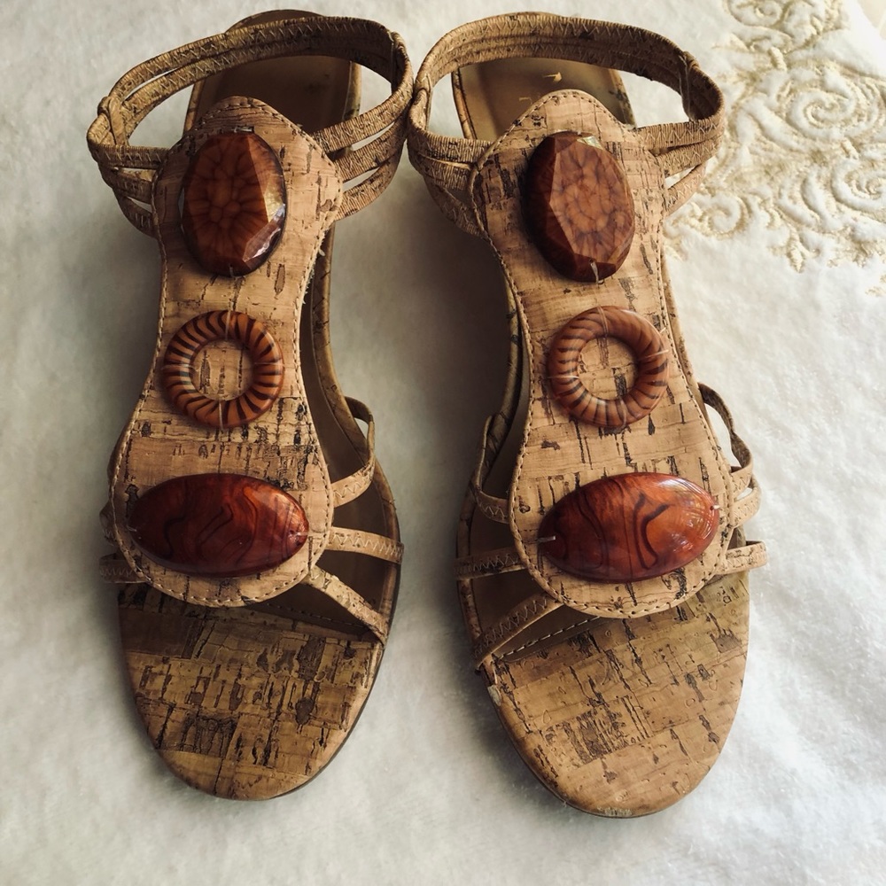 Cork and bead embellished wedge sandals